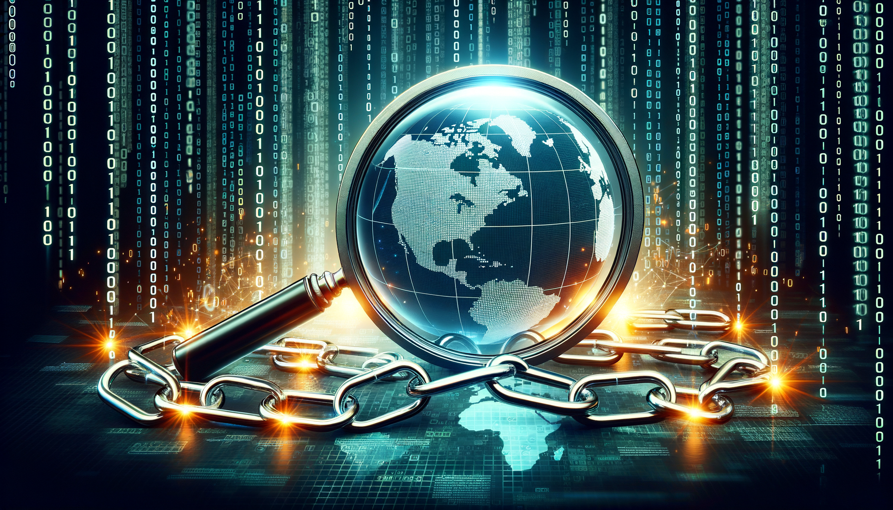 Digital security concept with globe, magnifying glass, chains.