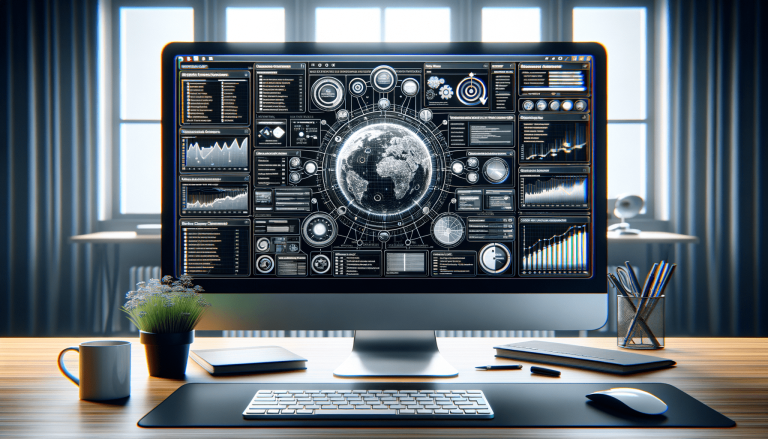 Global data analytics dashboard on a computer monitor.