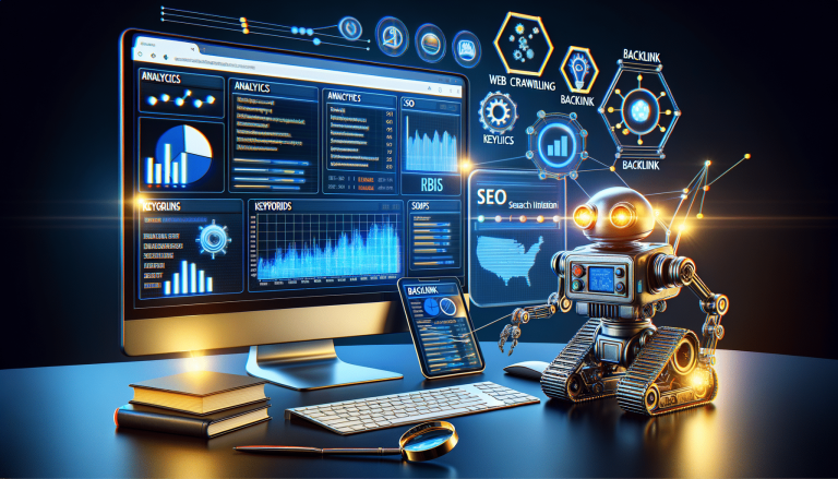 SEO analytics concept with robot and digital data visualisation.