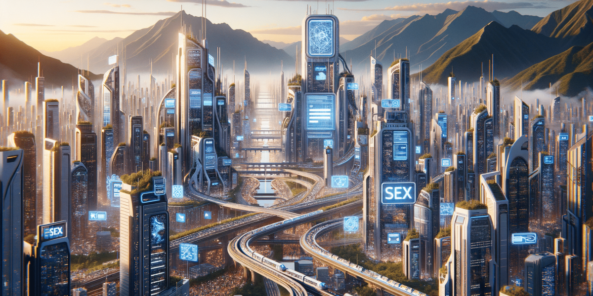 Futuristic cityscape with glowing buildings, elevated transport, and distant mountains.