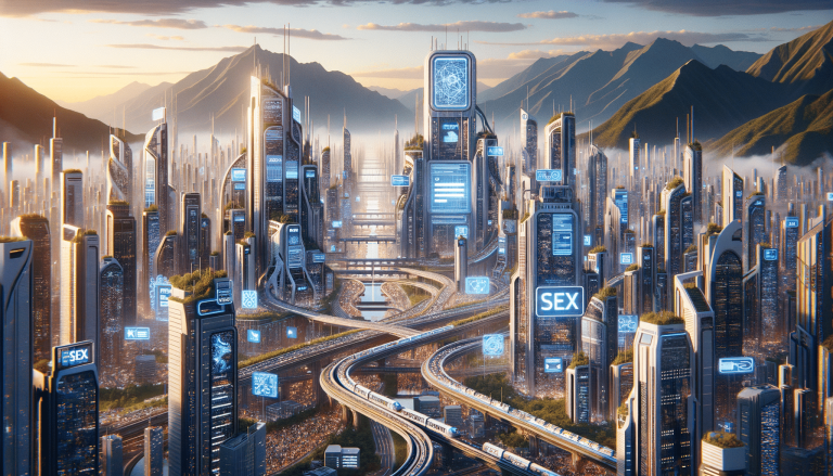 Futuristic cityscape with glowing buildings, elevated transport, and distant mountains.