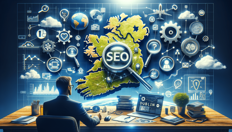 Man optimising SEO for Ireland amidst digital marketing elements.