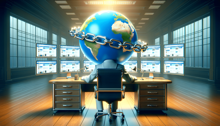 Globe head chained, surrounded by multiple monitors showing web content.