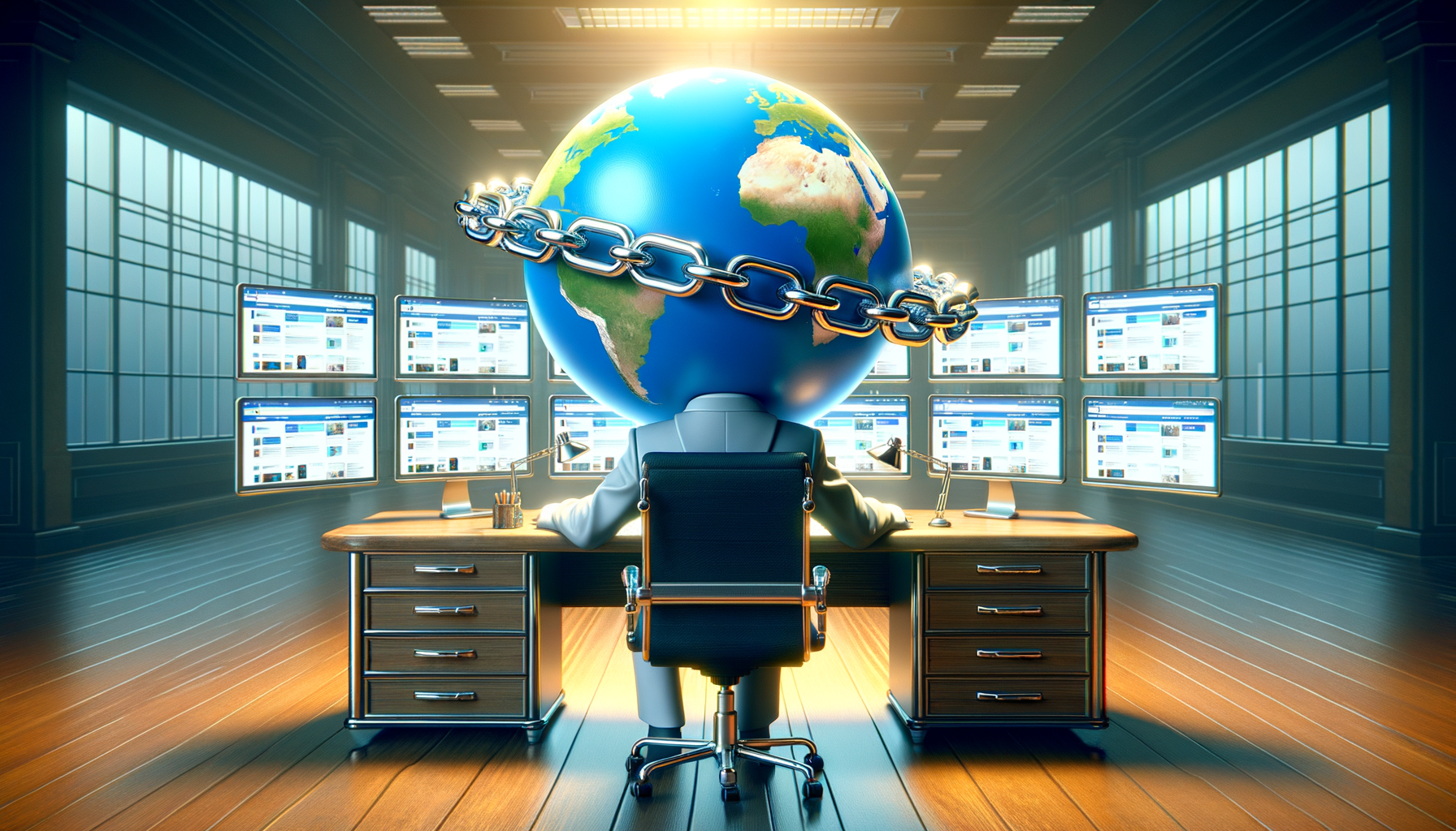 Person with globe head monitors many screens.