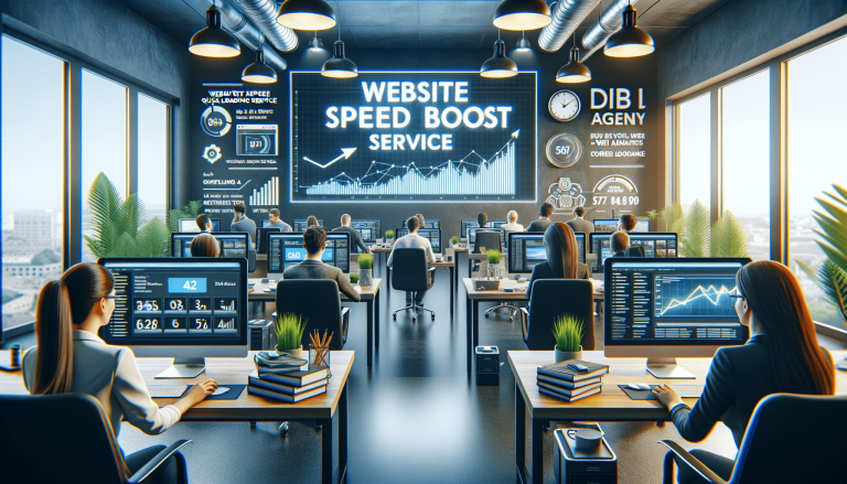 Modern office with staff working, promoting website speed boost.