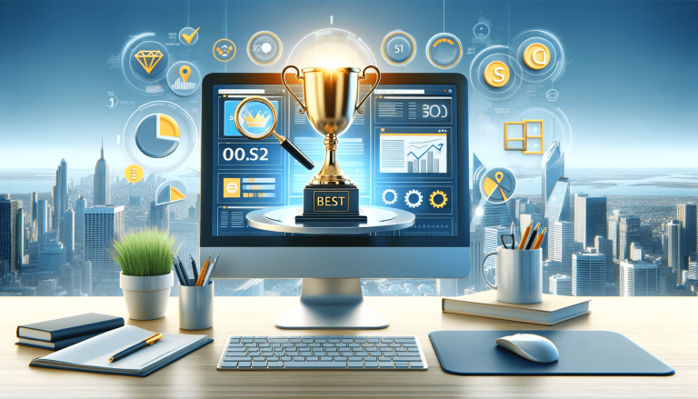 Digital success: trophy, data, and city view on a monitor.