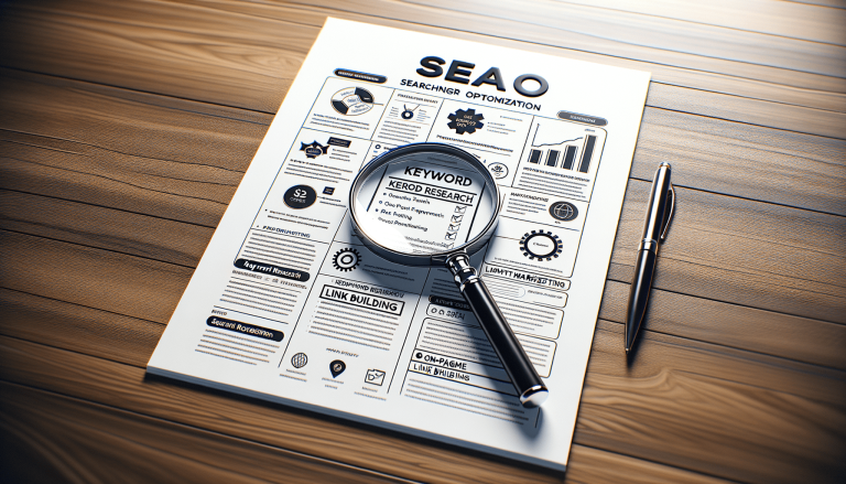 SEO document with magnifying glass and pen on wooden table.