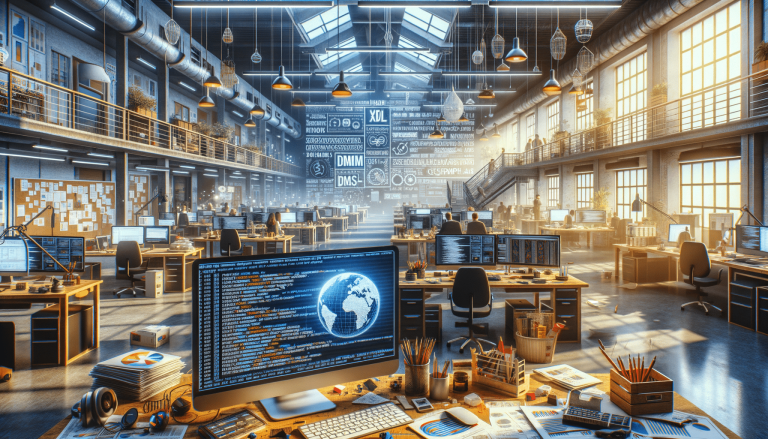 Modern open-plan tech office with code, digital globe, busy workers.