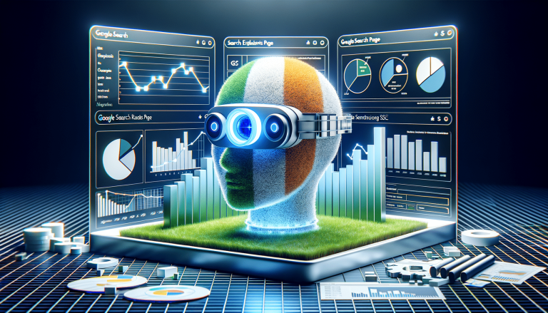 VR head with Irish flag analyses SEO data and charts.
