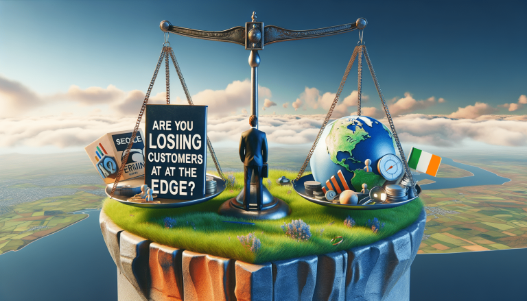 Scales balancing business challenges against global opportunities on floating island.