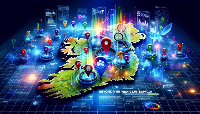 Digital map of UK/Ireland with location pins and glowing data.
