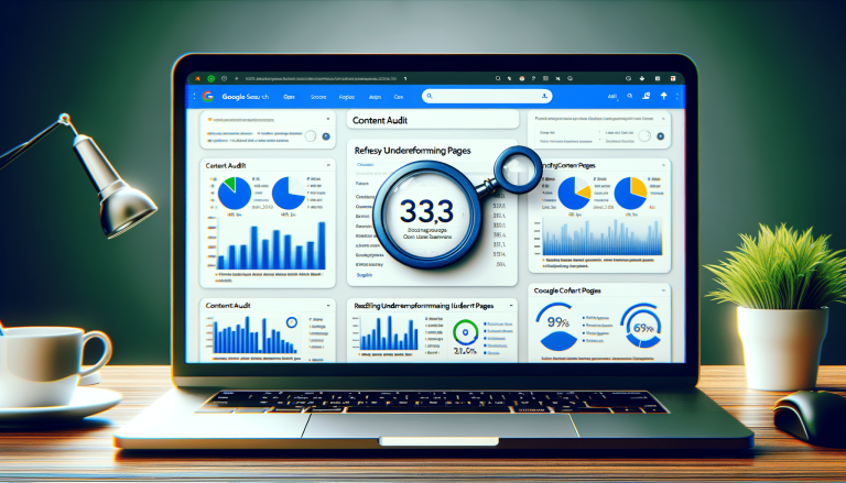 Laptop displaying an SEO content audit dashboard with metrics.