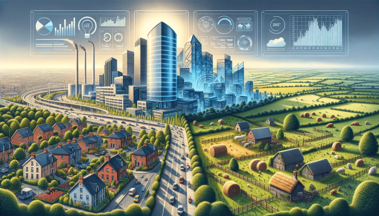 Smart city, industry, residential, and rural landscapes with data.