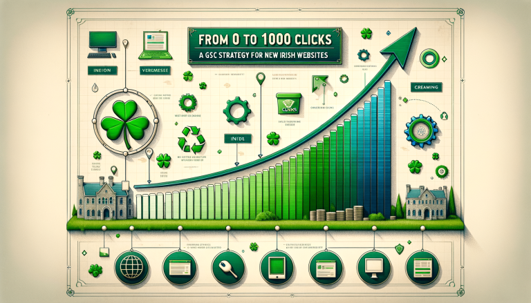 GSC strategy infographic for new Irish websites, showing click growth.