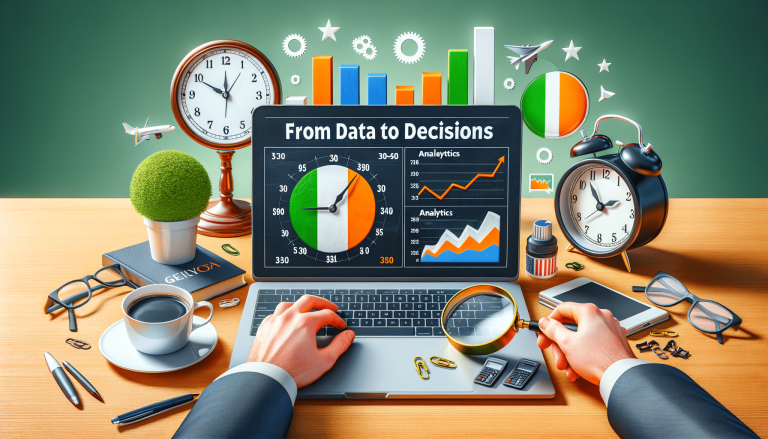 Office desk with laptop showing 'From Data to Decisions' analytics.
