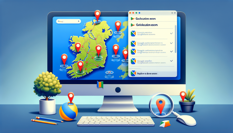 Computer display with Ireland map, location pins, and geolocation errors.