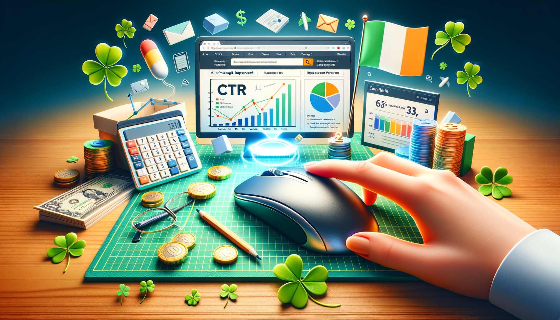 Digital marketing growth with charts and currency.