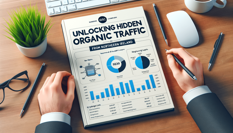 Hands reading "Unlocking Hidden Organic Traffic" report on desk.