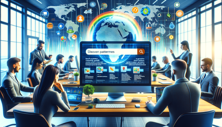 Business team analysing global data and patterns in a modern office.