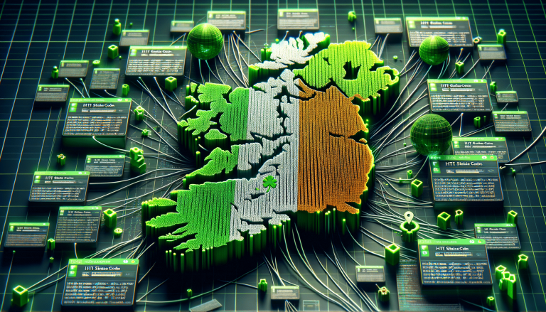 Digital Ireland map in flag colours, connected with data and code.