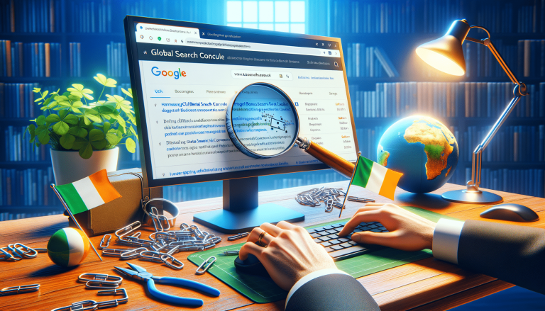 Global online search with Irish flag, globe, hands typing.