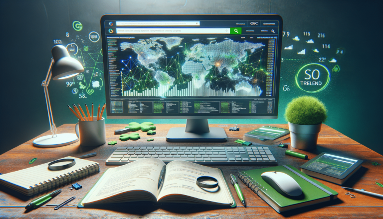 Computer monitor displays global data analytics on a busy desk.