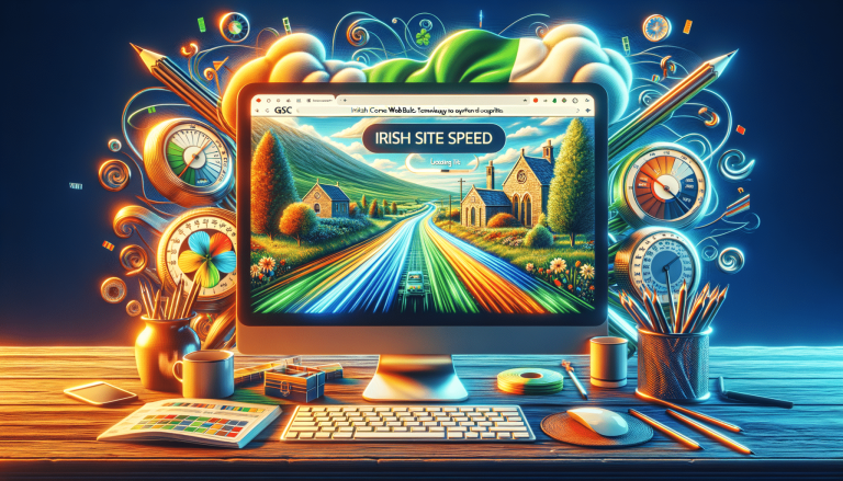 Irish Site Speed loading on monitor amidst creative digital art.