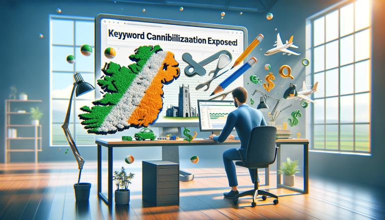 SEO specialist analysing keyword cannibalisation on screen with Ireland map.