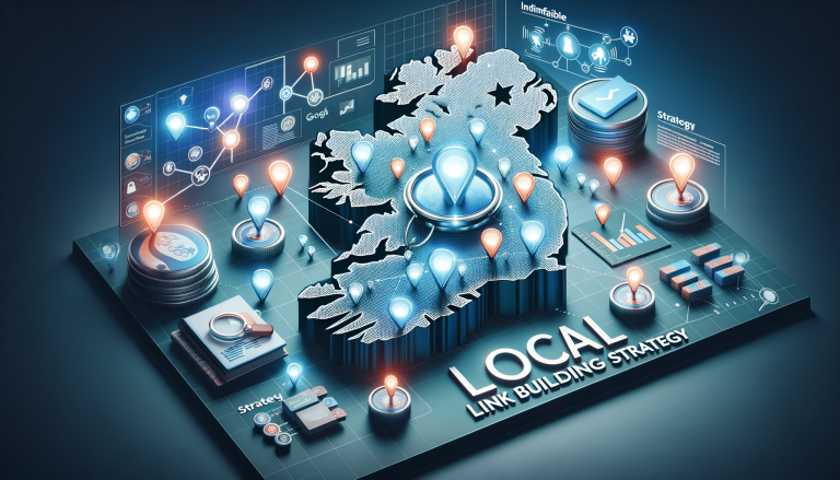 Ireland map with local link building strategy and glowing pins.