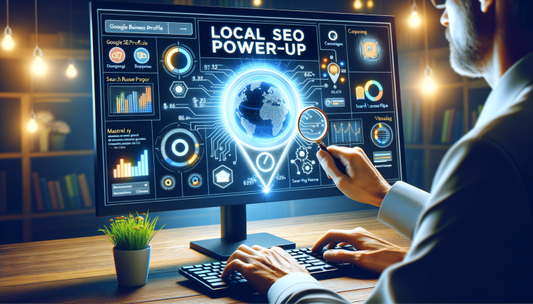 Man reviews local SEO data on screen with magnifying glass.