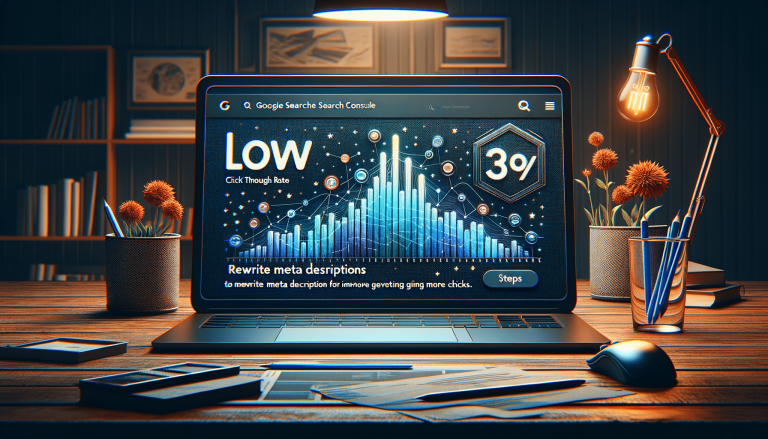 Laptop screen showing SEO analytics, low CTR, rewrite meta descriptions.