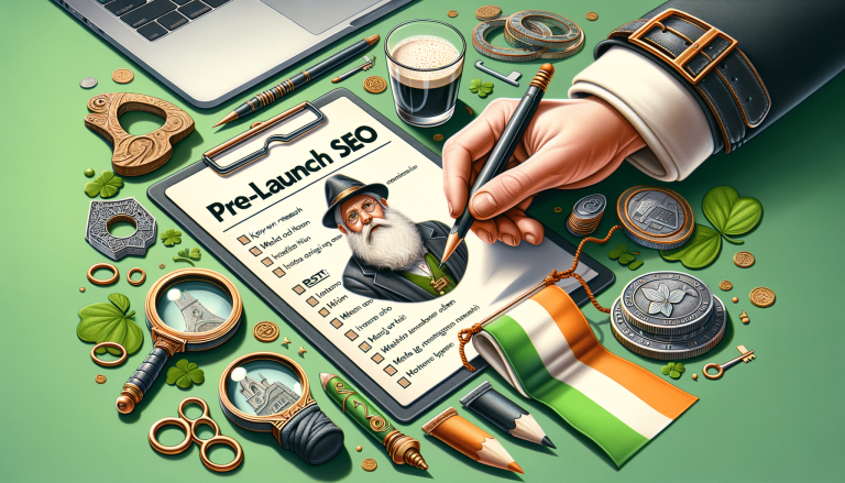 Pre-Launch SEO checklist with Irish flag, shamrocks, and coins.