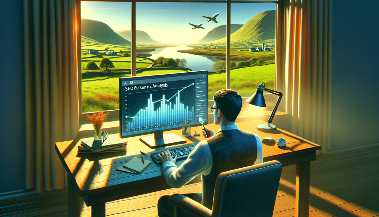 Professional analysing SEO data on computer overlooking picturesque landscape.