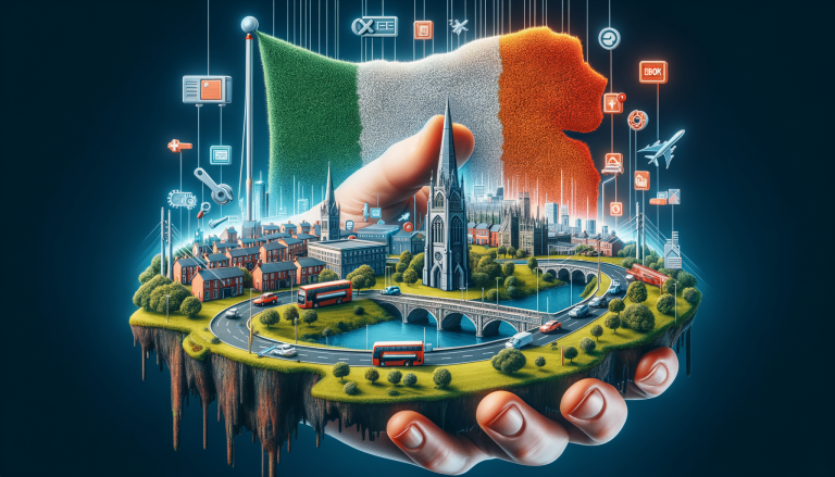 Hands holding an Irish city with digital technology icons.