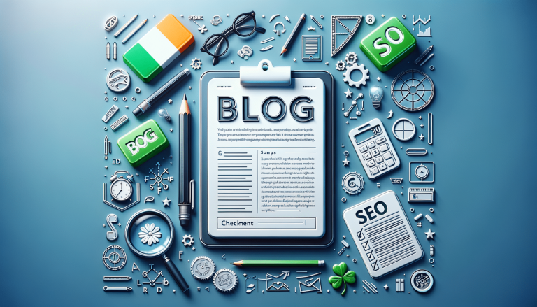 Blogging and SEO tools flat lay on blue background.