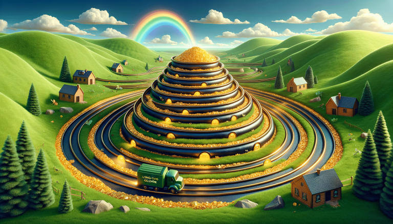 Green hills, golden roads leading to a gold peak, with rainbow.