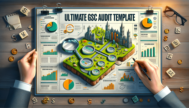 Ultimate GSC Audit Template with isometric view, charts, and hands working.