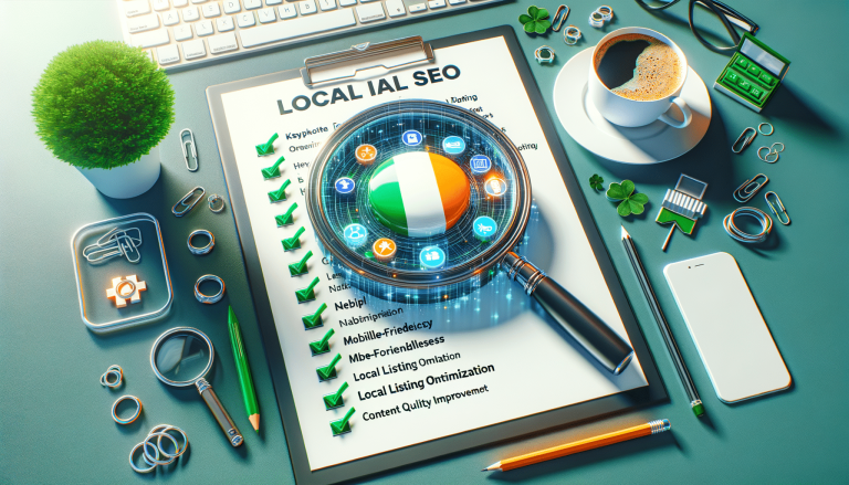 Local SEO checklist for Ireland on a desk.