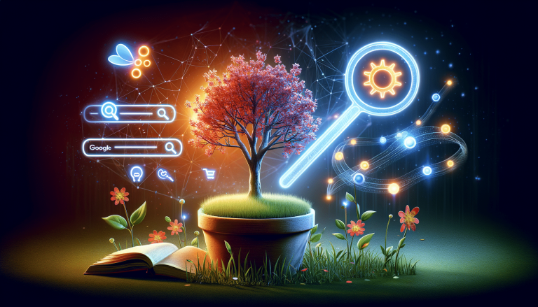Glowing tree, open book, and digital search icons on dark background.