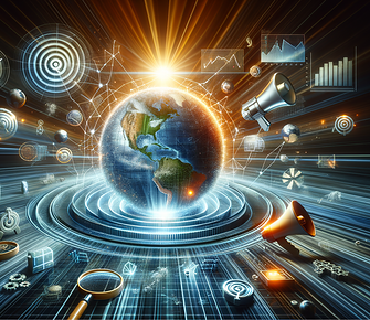 Digital world with technology icons and graphs.