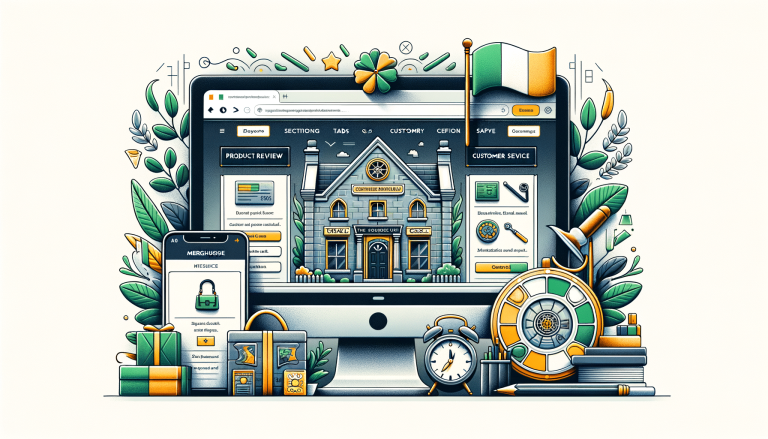 Digital finance illustration with computer, phone, building, and Irish flag.