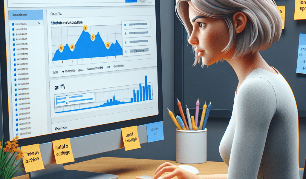 Woman analysing data on a computer screen in a modern office.