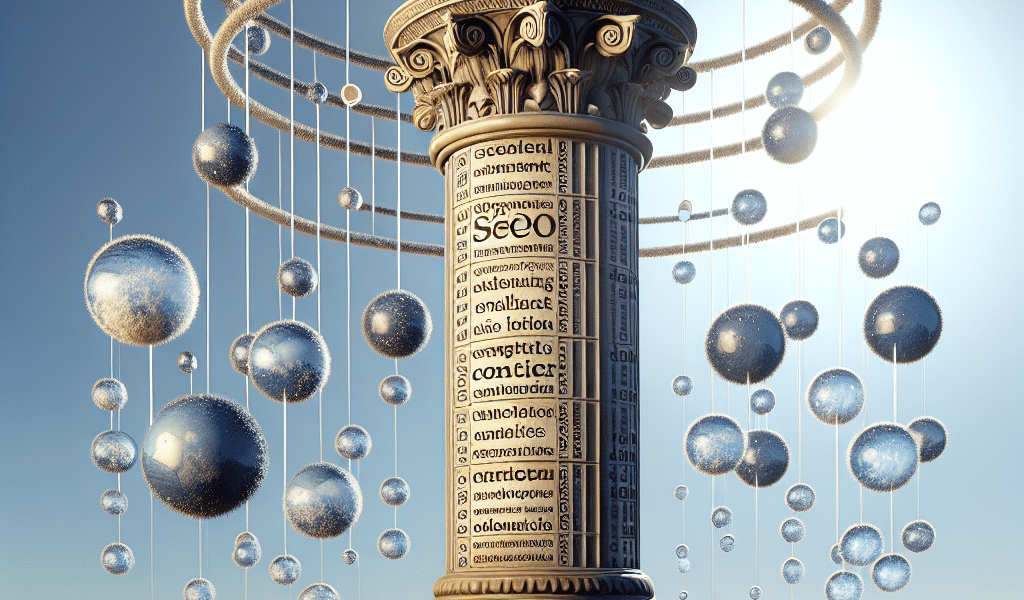 Abstract column with 'SEO' text, surrounded by spheres and rings.