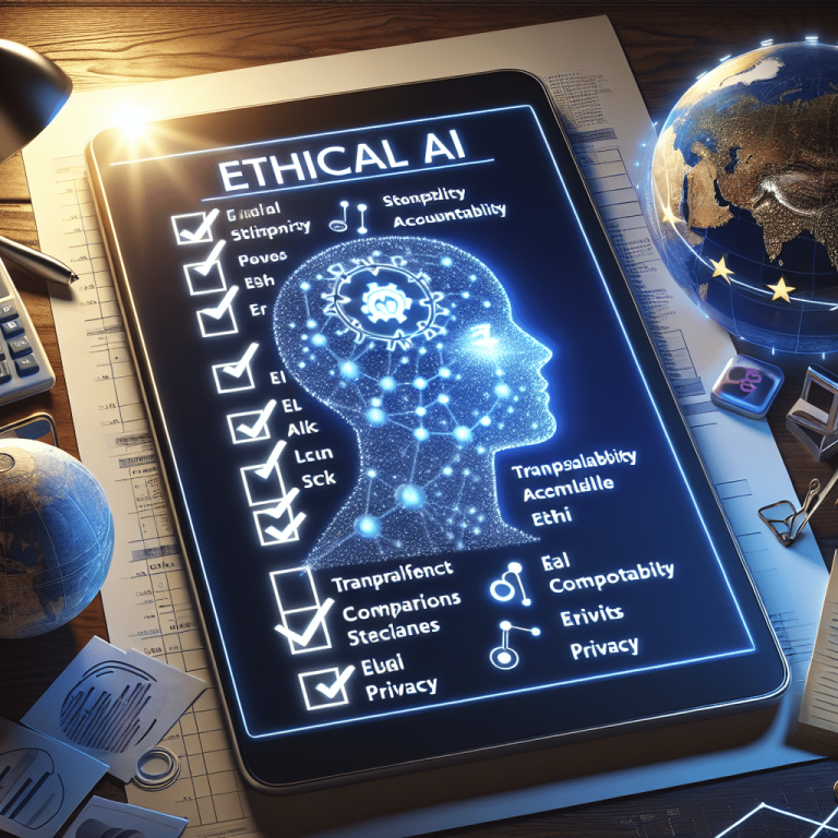 Tablet showing 'Ethical AI' checklist and glowing neural network head.