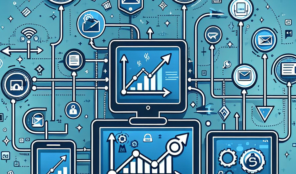 Networked digital devices displaying business data analytics and growth.