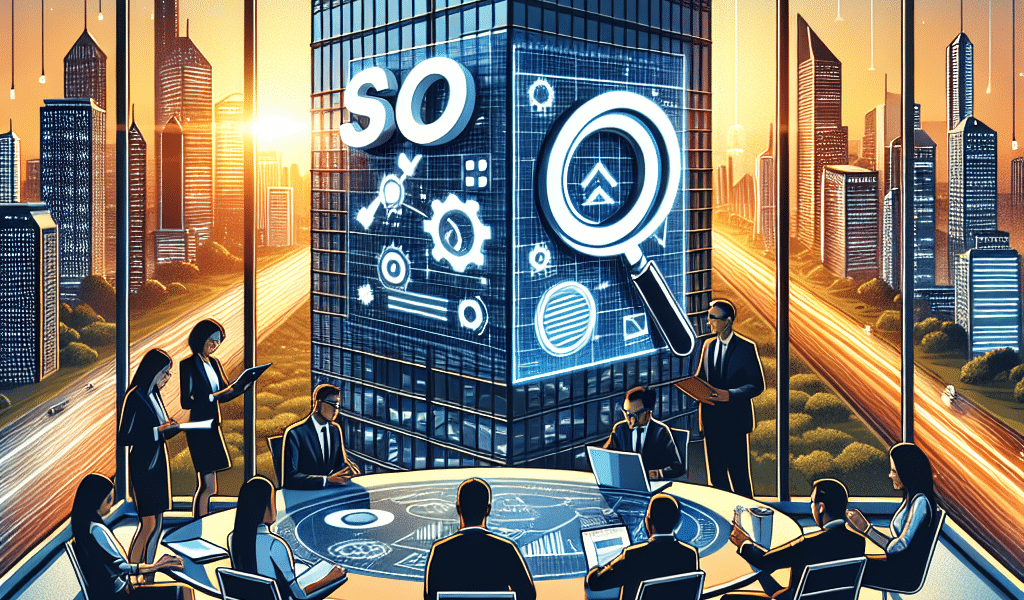 Conference room, business meeting, digital SEO building, city skyline.