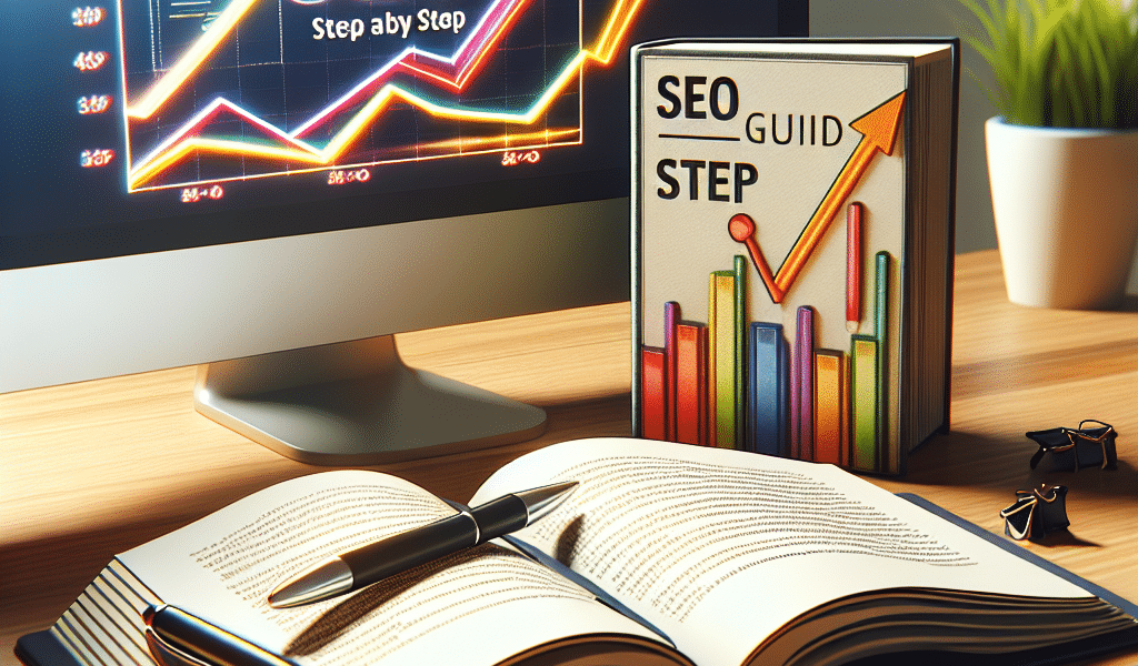 SEO growth graph on monitor, SEO guide, and open book.