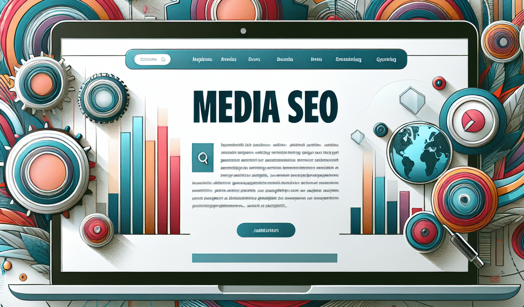 Digital marketing laptop with 'Media SEO' text and data visuals.