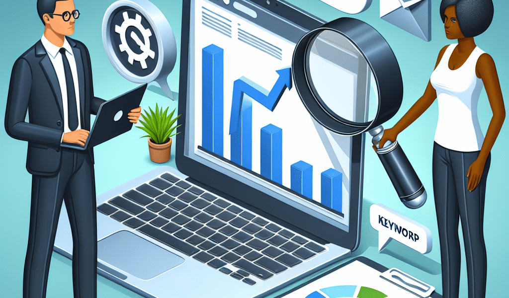 Digital marketing SEO analysis with laptop and charts.