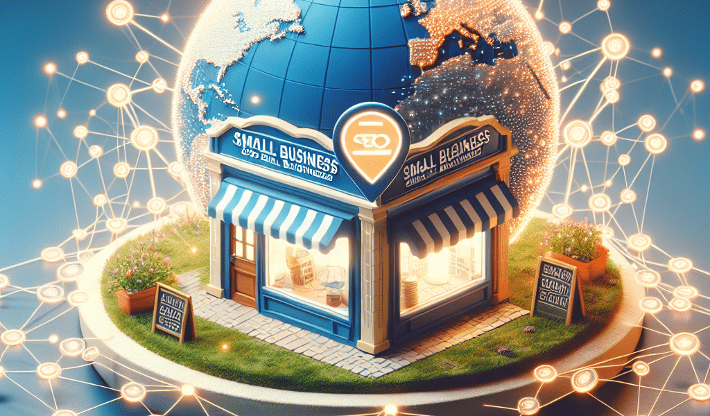 Global small business connected by digital network with SEO pin.